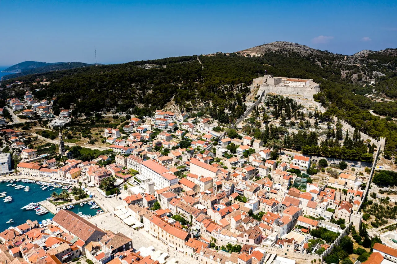 Aerial view of Hvar town and Fortica fortress on the hill, Croatia.jpg